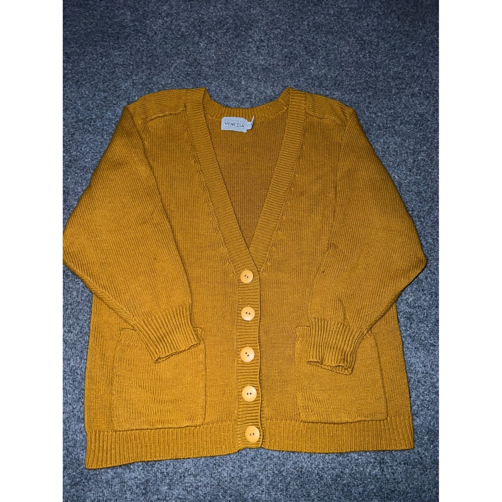 Venezia Sportswear Vintage Cardigan Sweater Mustard Yellow Knit Size 14/16